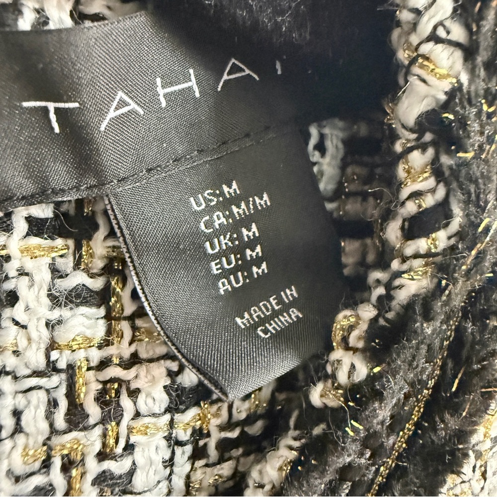 Tahari Tweed Textured Black White Short Sleeve Pockets Shift Mini Dress SZ M - Picture 5 of 6